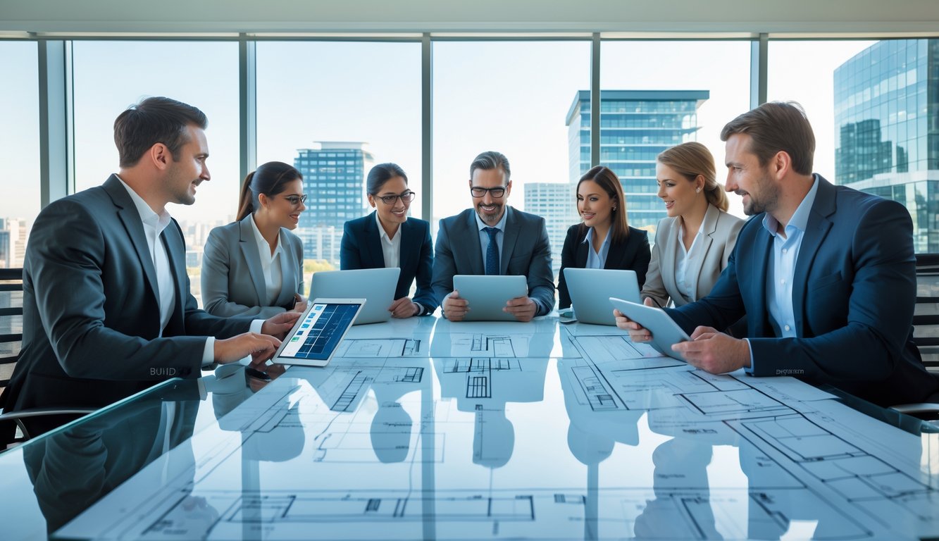 A group of business professionals meeting around a table with blueprints and laptops in a modern office overlooking a city with commercial buildings.