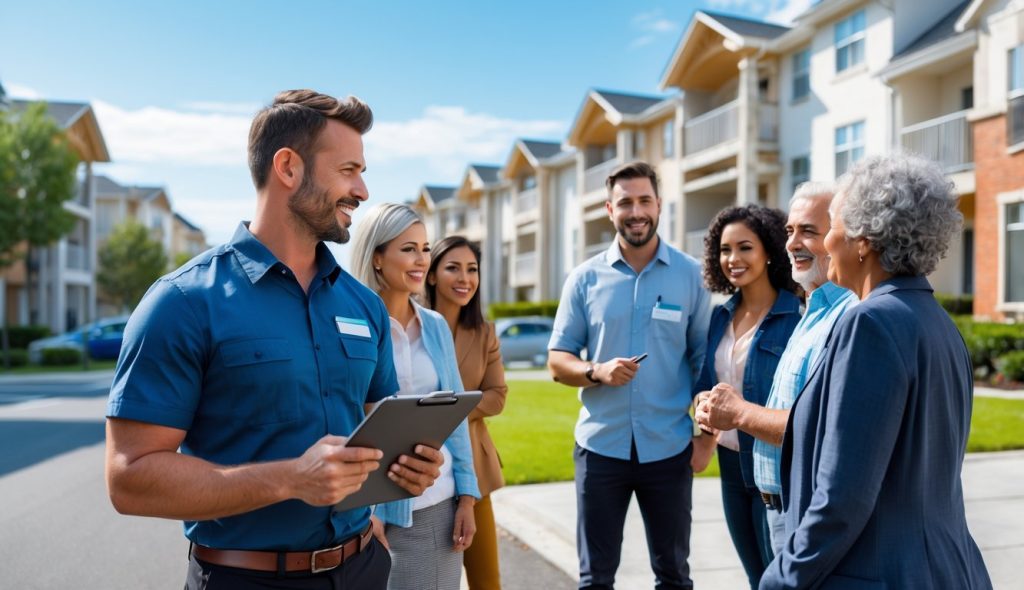 A property manager talking with tenants outside a modern apartment building.
