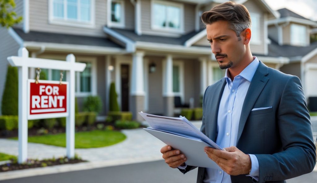 A landlord reviewing documents outside a modern rental property with a for rent sign in front.