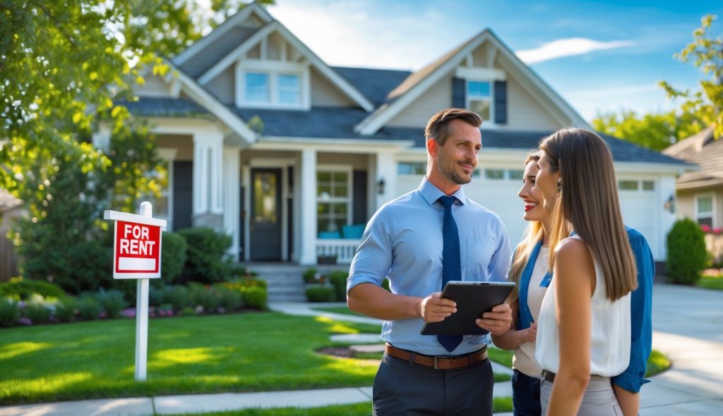 A property manager talking to a young couple outside a well-kept suburban house with a lawn.