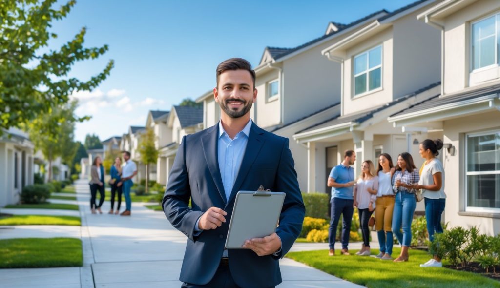A property manager stands outside rental homes with tenants nearby, surrounded by well-kept landscaping.