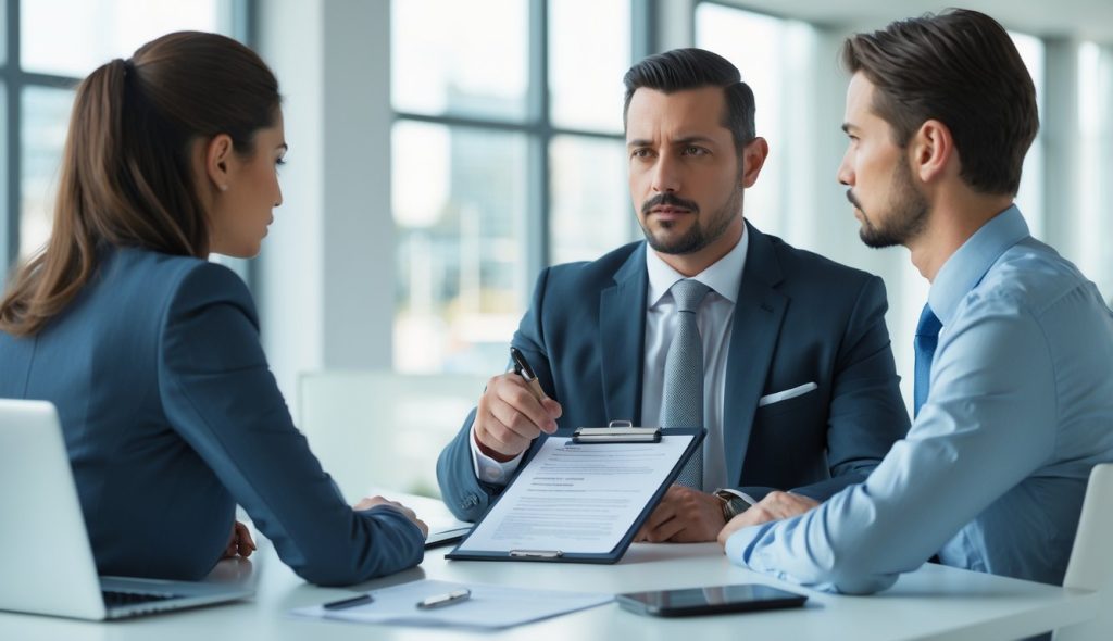 A landlord and tenant discussing lease terms across a table in an office.