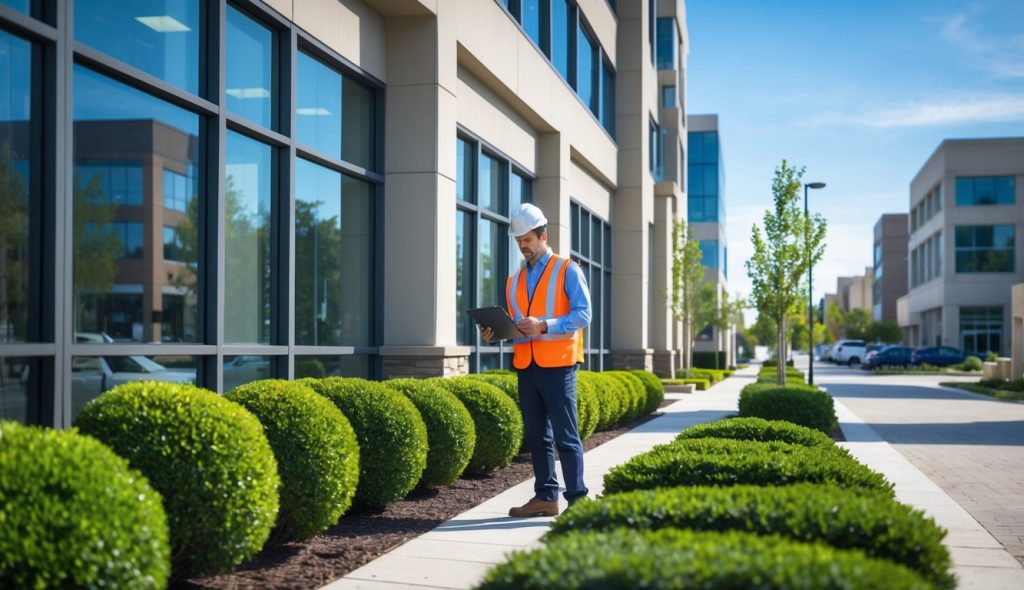 Maintenance worker inspecting the exterior of a commercial office building with clean landscaping and clear skies.