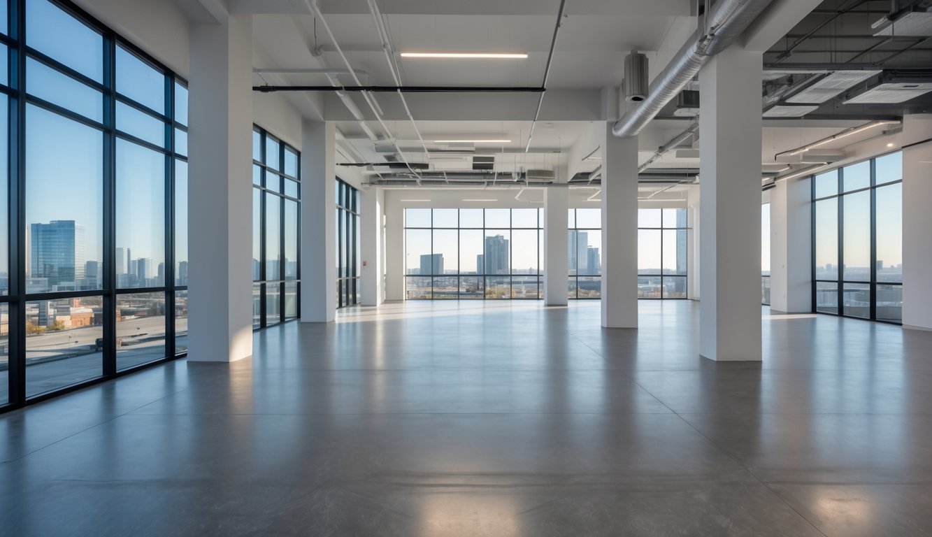 Empty modern commercial space with large windows and open floor plan in an urban setting.