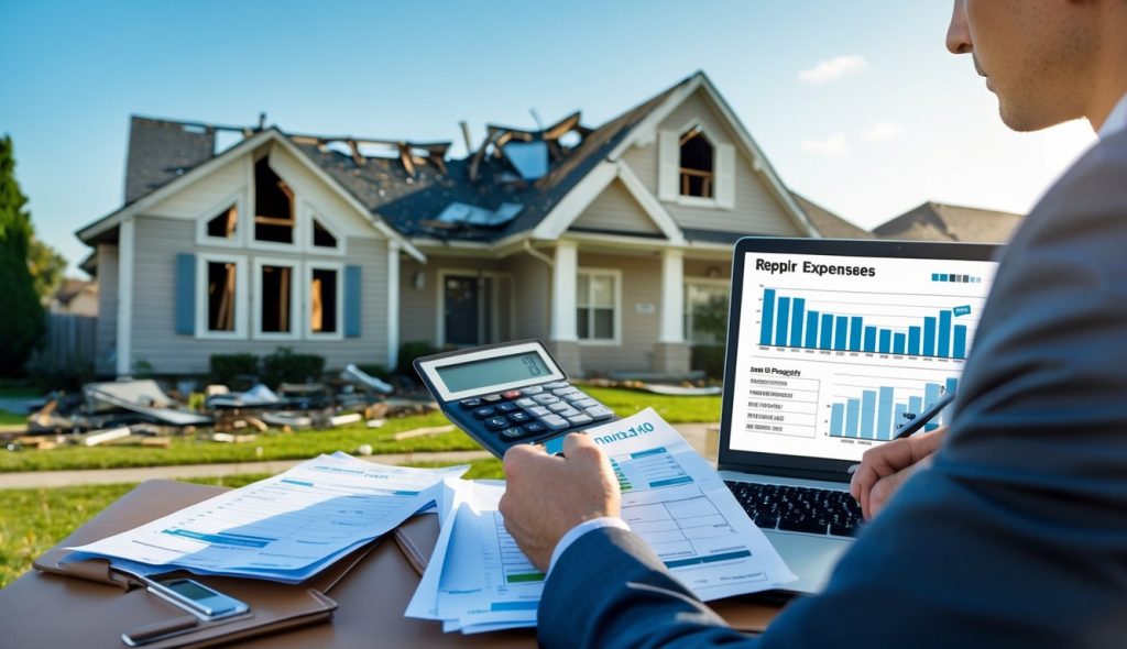 A person reviewing repair documents and calculator in front of a damaged house with broken windows and debris.