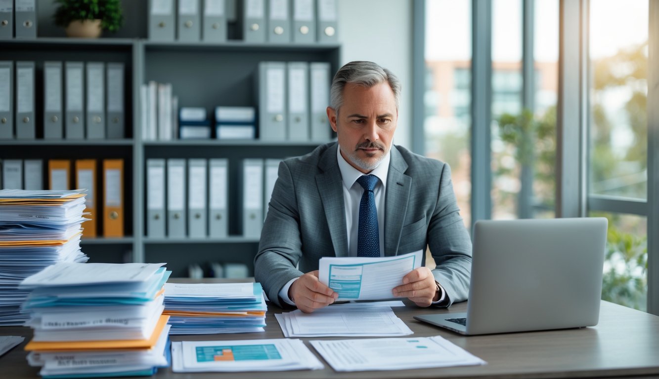 A landlord reviewing property records at a desk with folders and a laptop in an office.