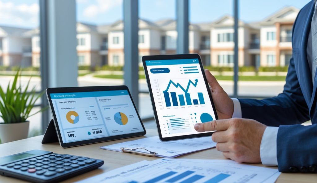 A property manager reviewing financial documents and a tablet with charts in an office overlooking a residential building.