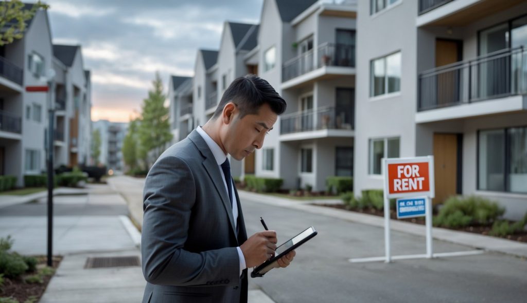 A landlord reviewing documents outside a modern apartment building with some vacant units visible during an economic slowdown.