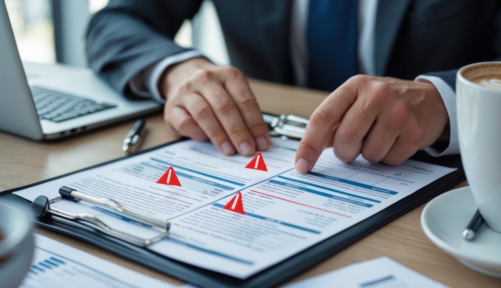 A person reviewing rental applications at a desk with some documents marked by red flags, showing concern while screening prospective tenants.