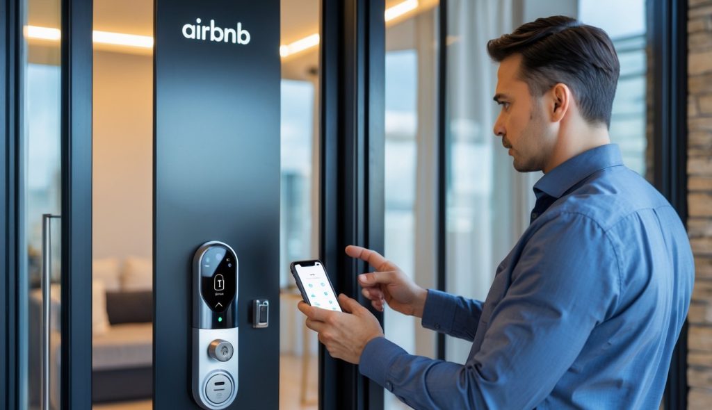 A person inspecting a smart lock on an apartment door with a smartphone, showing a secure Airbnb rental entrance.