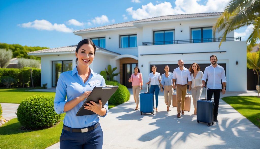 A professional property manager stands outside a modern vacation rental home as happy guests arrive with luggage.