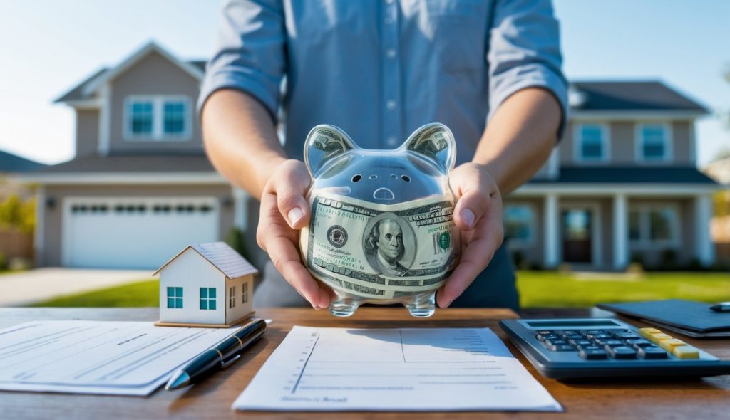 Hands holding a piggy bank next to a small house model and financial documents on a table with a rental house in the background.