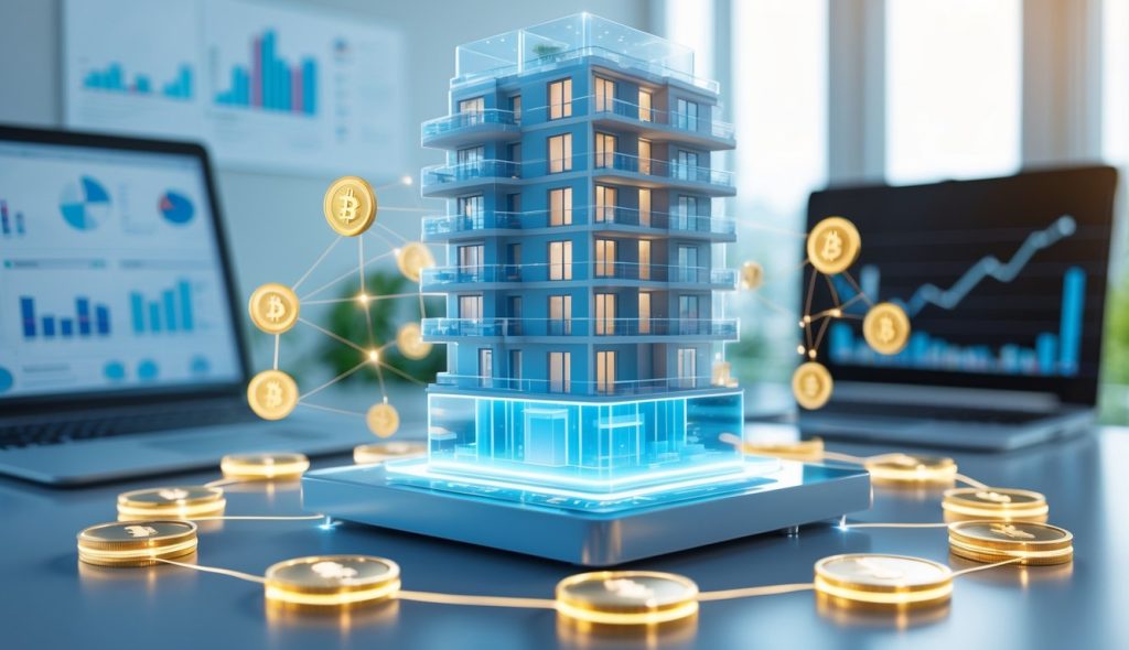 A digital 3D model of a building surrounded by floating digital tokens on a glass table in a modern office setting.