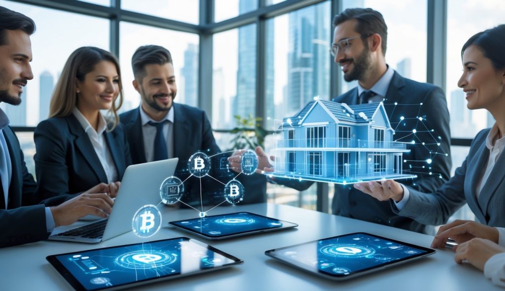 Business professionals discussing real estate contracts with digital devices and a holographic building model displaying blockchain connections in a modern office.