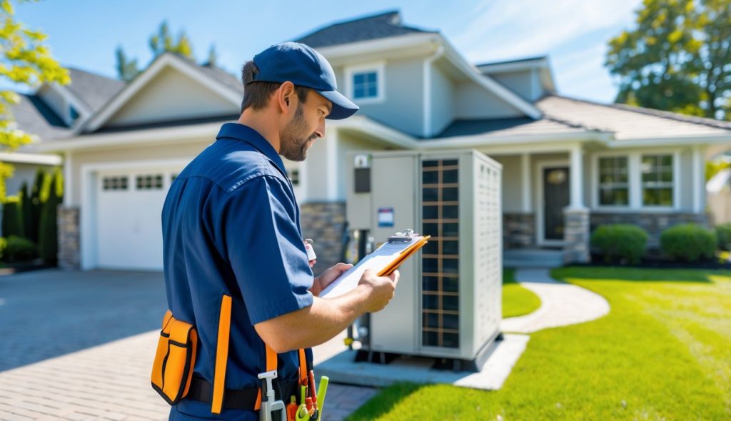 A maintenance worker inspecting equipment outside a modern rental house on a sunny day.