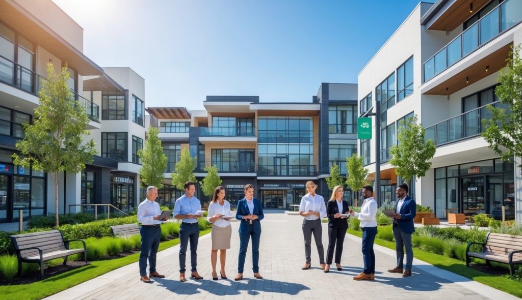 A group of people discussing outside a modern mixed-use building with shops below and apartments above, surrounded by greenery.