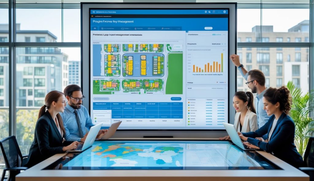 A team of professionals working together around a digital touchscreen table displaying property management software in a modern office with a cityscape visible through large windows.