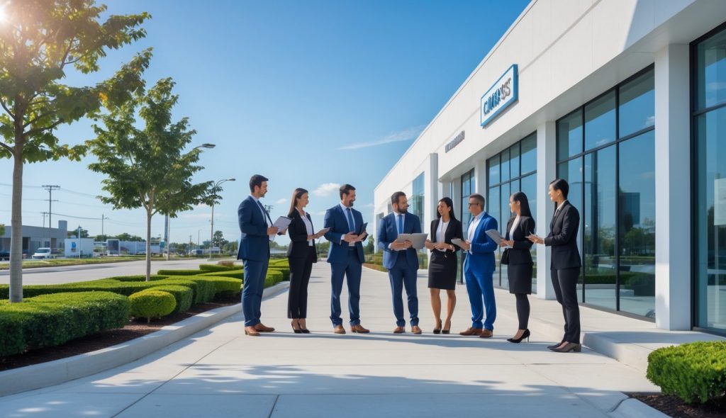 Business professionals discussing property management outside a modern commercial building on a sunny day.
