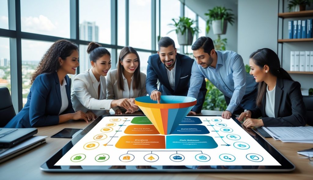 A group of property managers working together around a digital table displaying a funnel diagram representing the property management process.