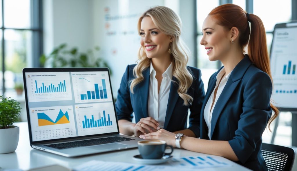 Two female real estate investors in business suits performing due diligence on a potential CRE investment.