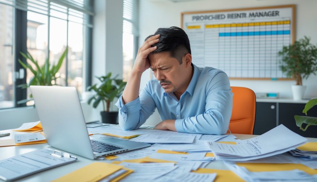 A real estate investor reviewing financial statements on his laptop and realizing he has made a mistake in calculating ROI.
