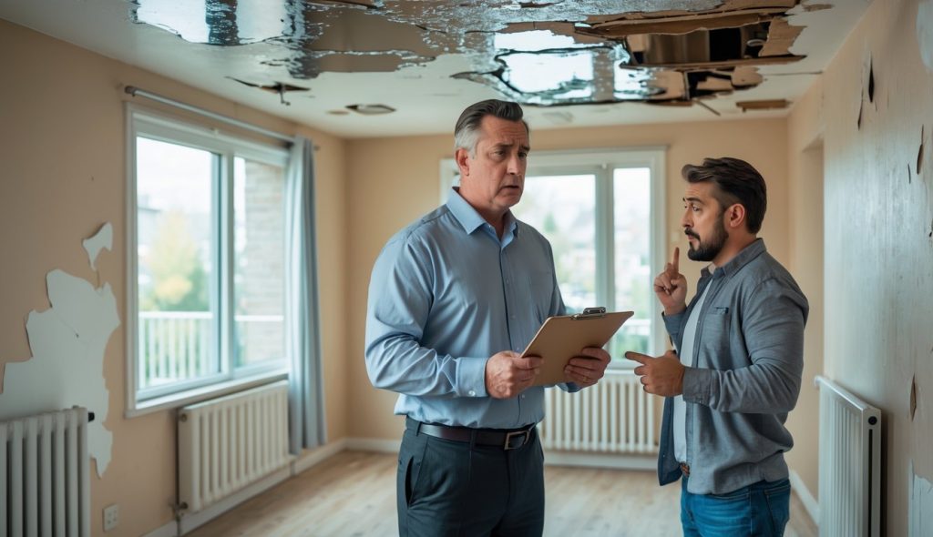 A real estate investor viewing a water-damaged rental property due to improper maintenance.