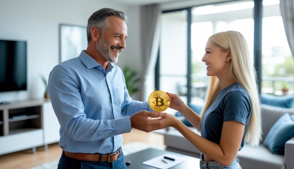 A male landlord accepting Bitcoin for a rent payment from a young blonde female tenant wearing shorts and a t-shirt.