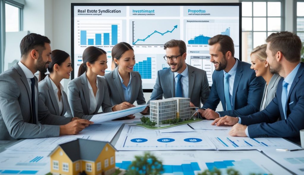 A group of business professionals discussing real estate investment plans around a conference table with building models and financial documents.