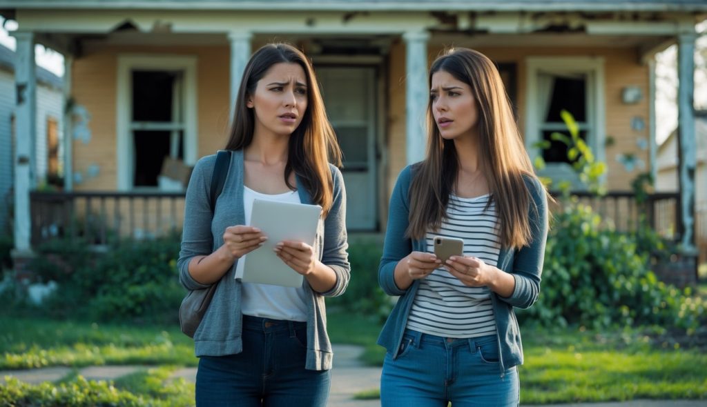 Two young female tenants standing in front of a decrepit house that they were lured to with a dishonest listing posting.