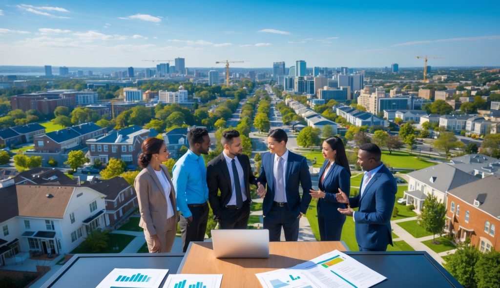 A cityscape with residential buildings and professionals discussing real estate investment outdoors.