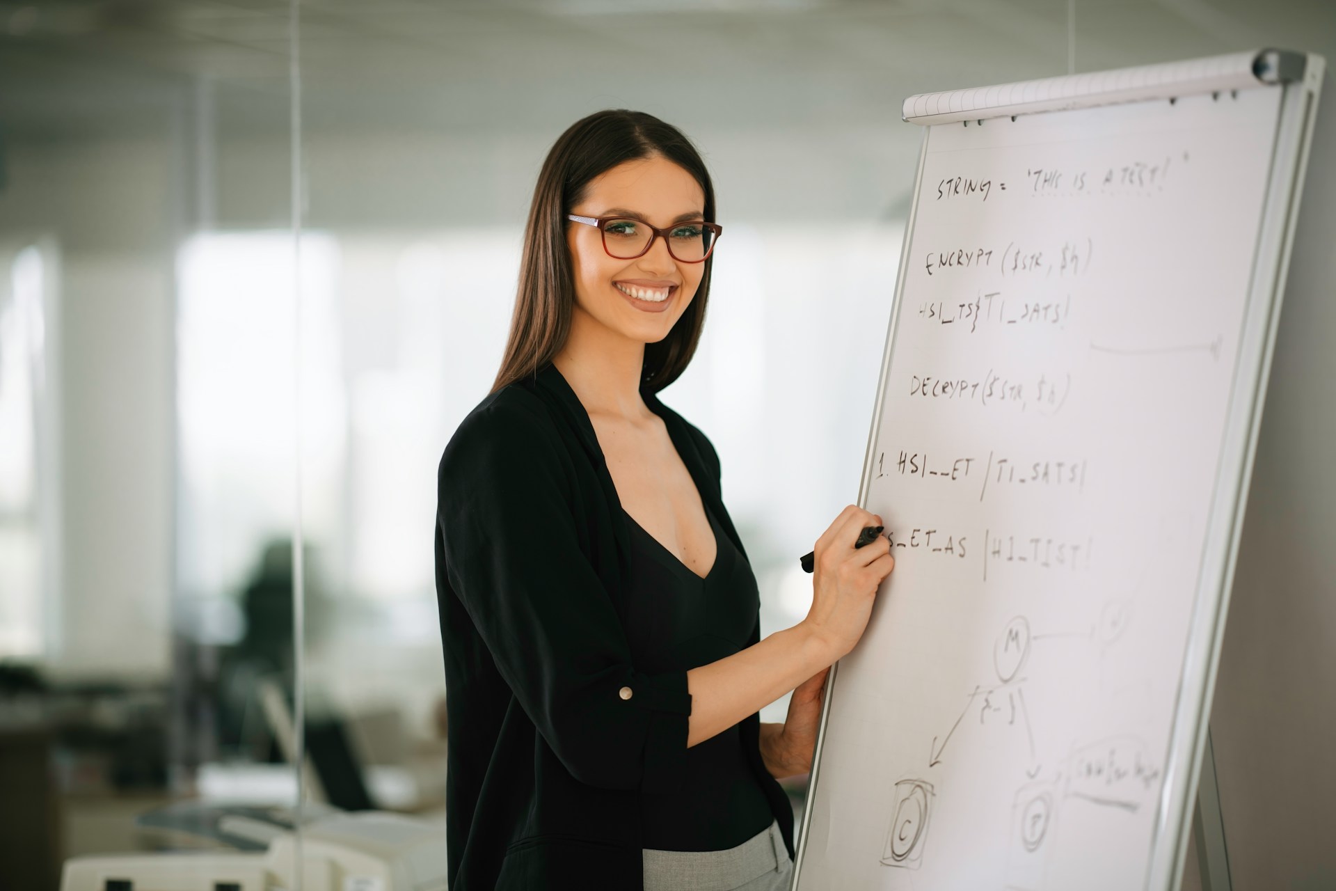 A female real estate investor using a white board to show how to perform a short term rental property analysis.