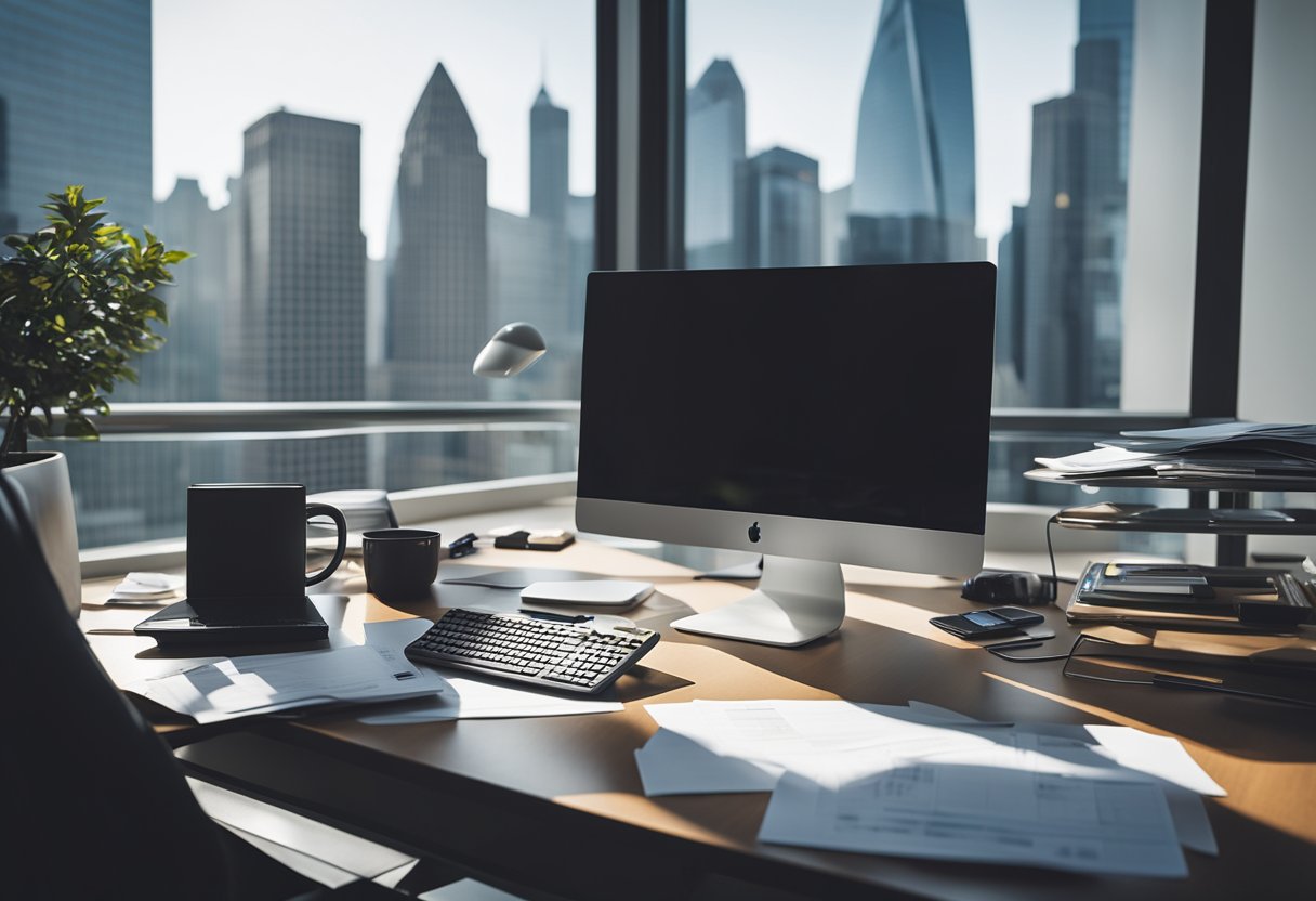 A desk with a computer, spreadsheets, and financial documents. A calculator and pen sit nearby. A large window reveals a city skyline