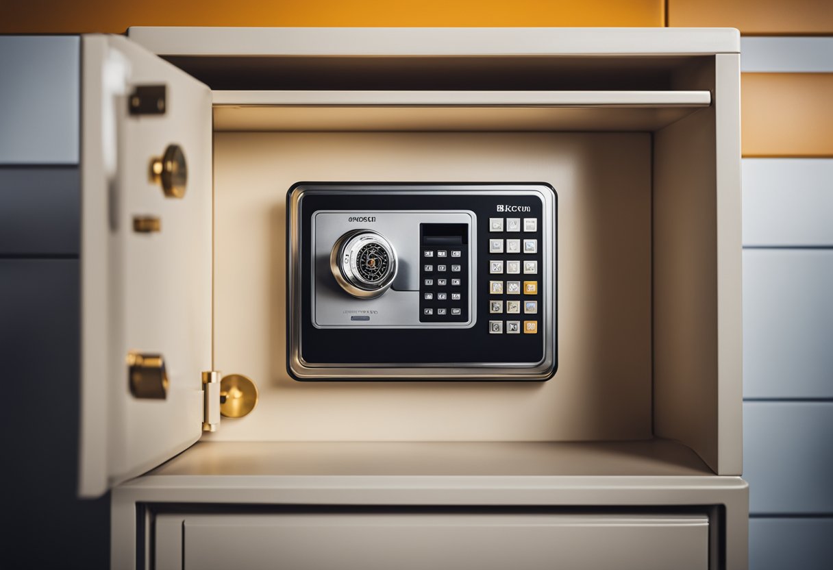 A secure safe with Bitcoin logo on a shelf in a rental property office