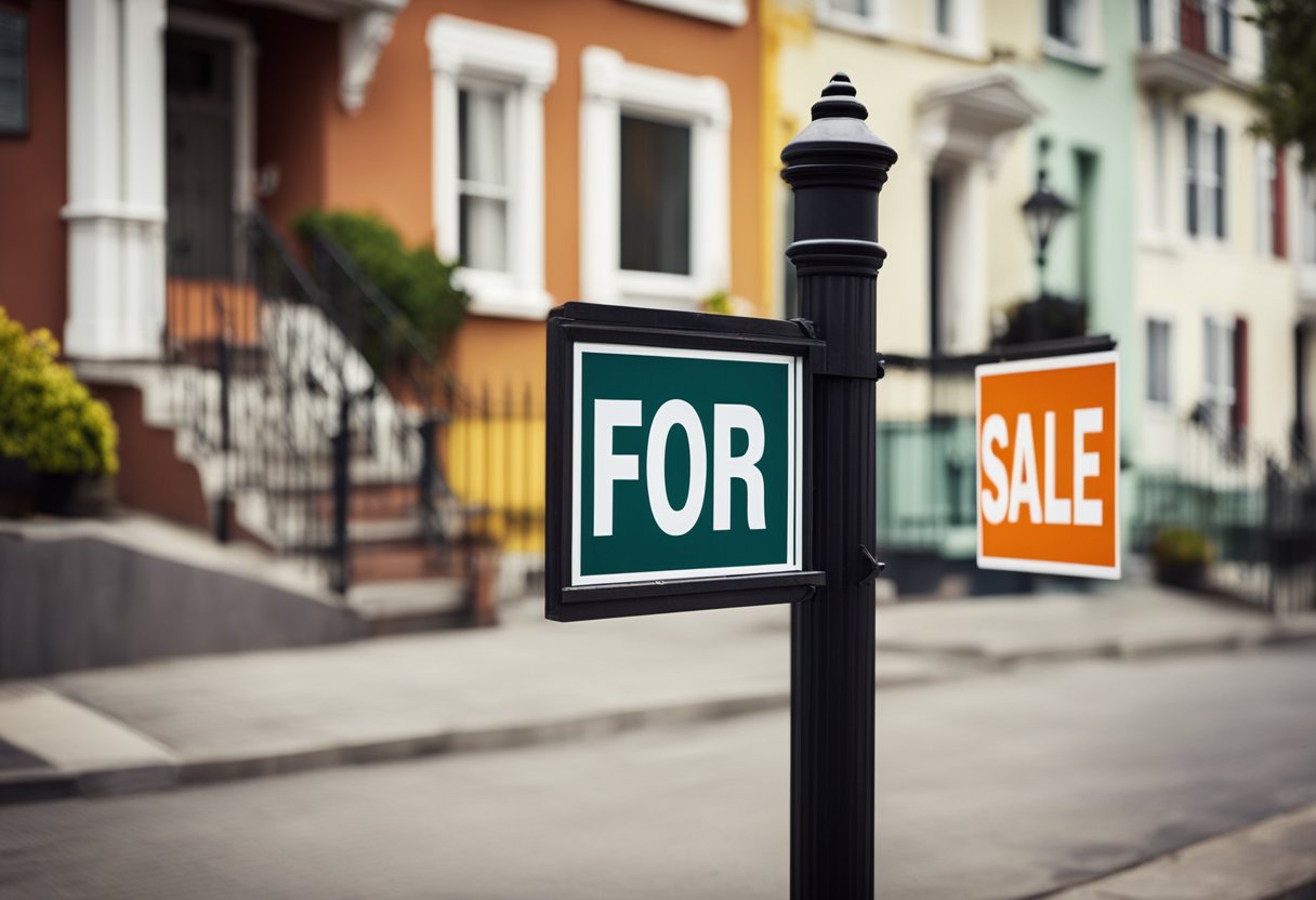 A row of colorful "For Sale" signs line a street, with various types of rental properties showcased, from cozy apartments to spacious houses