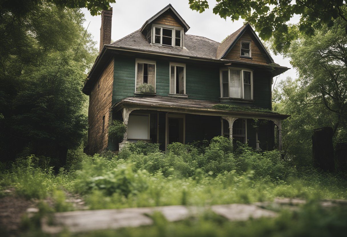 Abandoned houses with boarded-up windows and overgrown yards, for sale signs rusting in the front yards