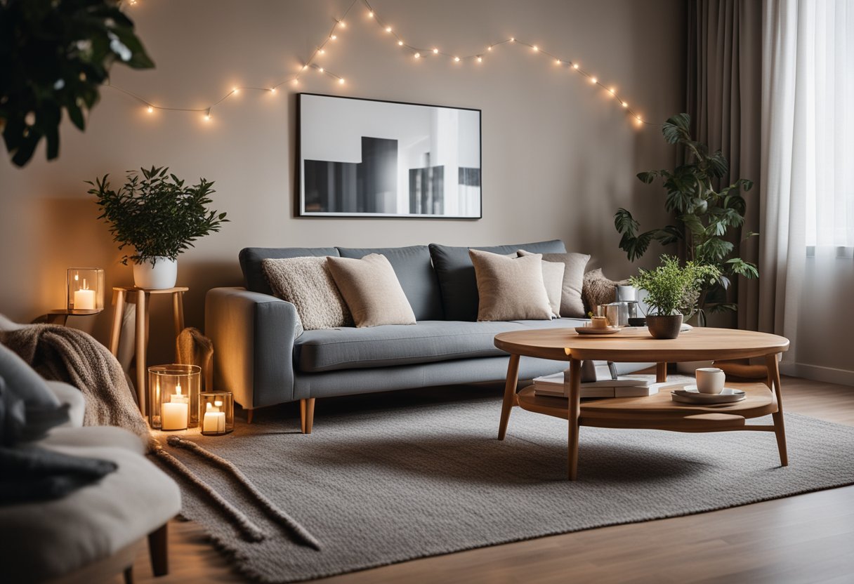 A cozy living room with a comfortable couch and a coffee table, surrounded by warm lighting and decorative accents