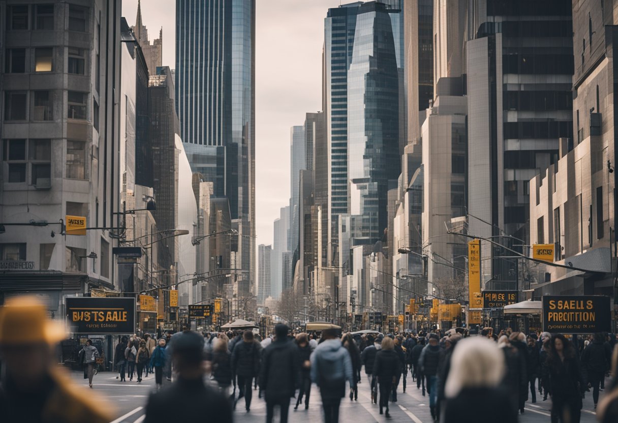 A bustling city street with tall buildings and "For Sale" signs, surrounded by busy professionals and potential buyers