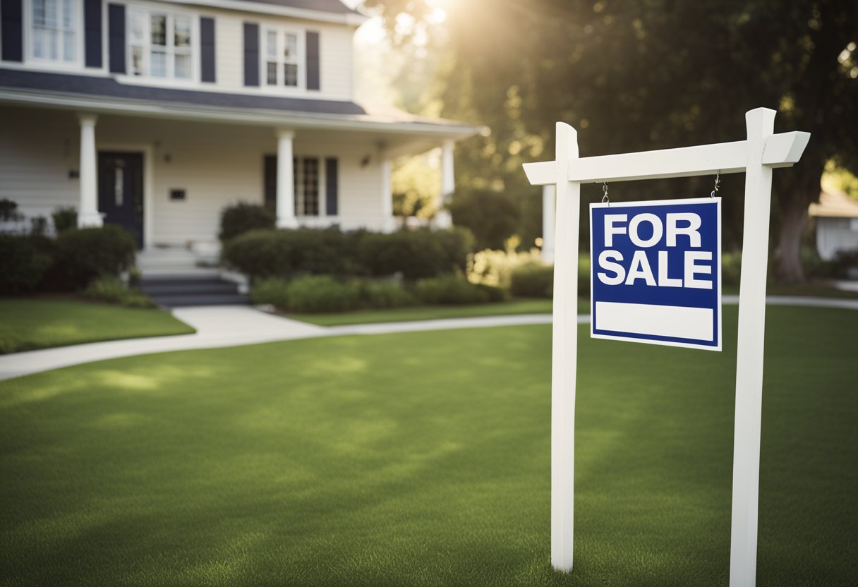 An empty house with a "For Sale" sign in the front yard, surrounded by a quiet neighborhood