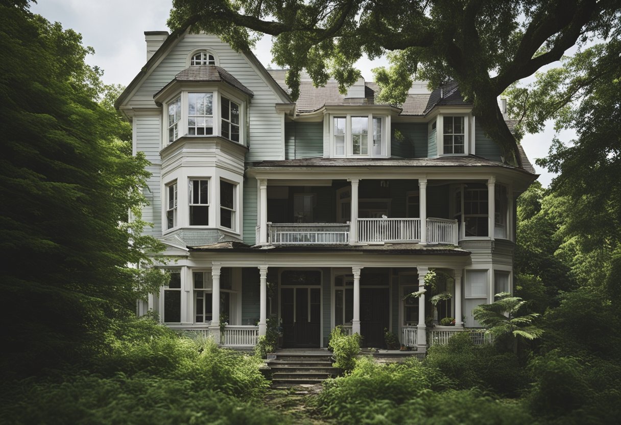 A dilapidated house being renovated with new paint, landscaping, and modern fixtures