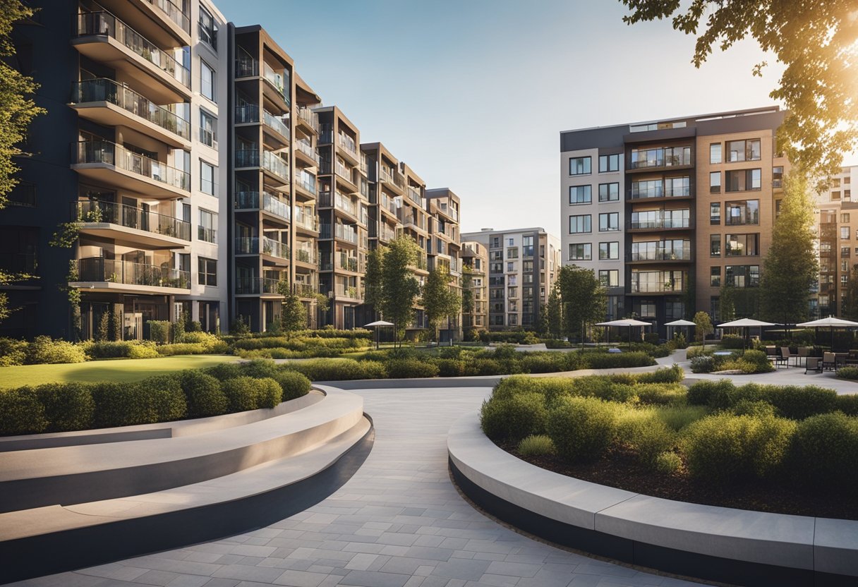 A row of modern apartment buildings with landscaped common areas and parking, surrounded by a bustling urban neighborhood