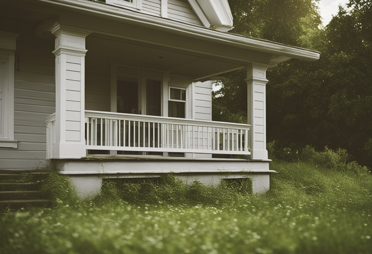 Empty houses with boarded windows and overgrown lawns, marked with government foreclosure notices