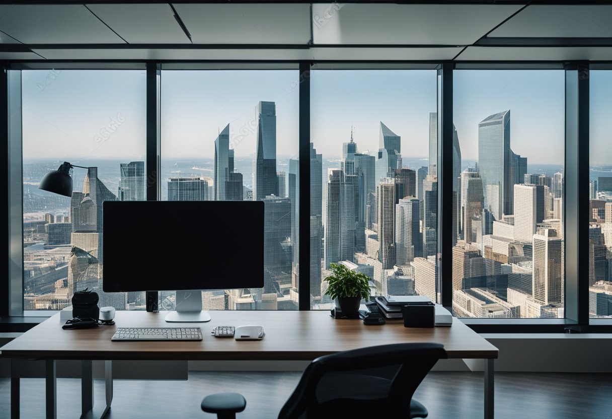 A modern office with a desk, computer, and charts. A large window overlooks a city skyline