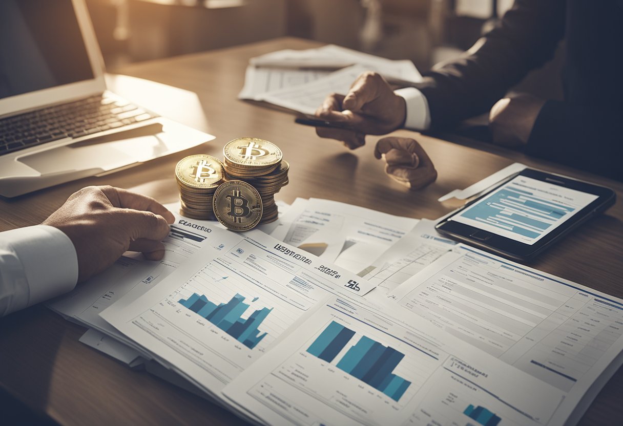 A person analyzing real estate properties with Bitcoin charts and financial documents spread out on a desk