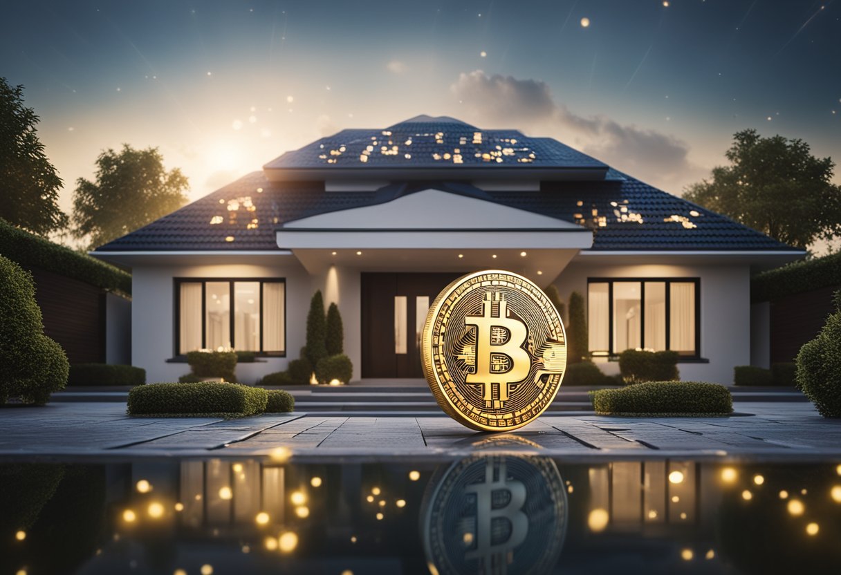 A modern house with a Bitcoin symbol on the roof, surrounded by digital currency symbols and a blockchain network in the background