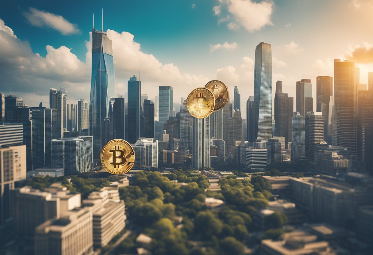 A modern city skyline with a Bitcoin symbol towering over traditional real estate buildings