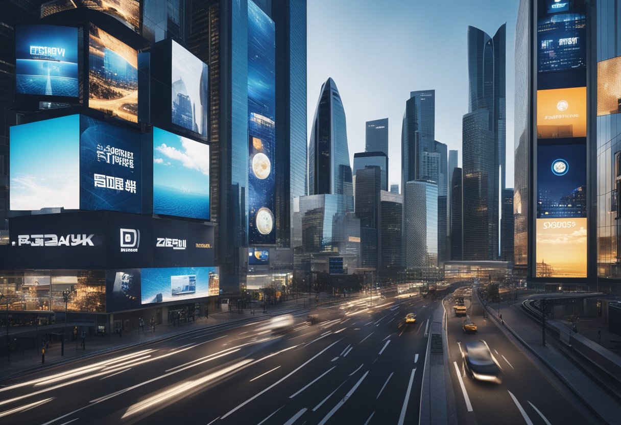 A modern city skyline with digital billboards and virtual reality interfaces