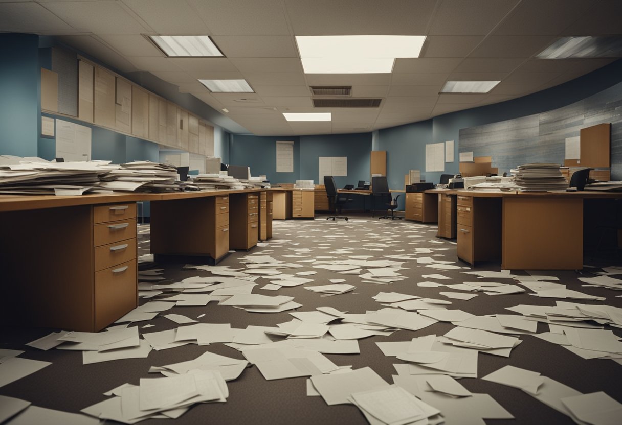 Empty desks and filing cabinets in a shrinking government office space. Walls lined with outdated posters and peeling paint