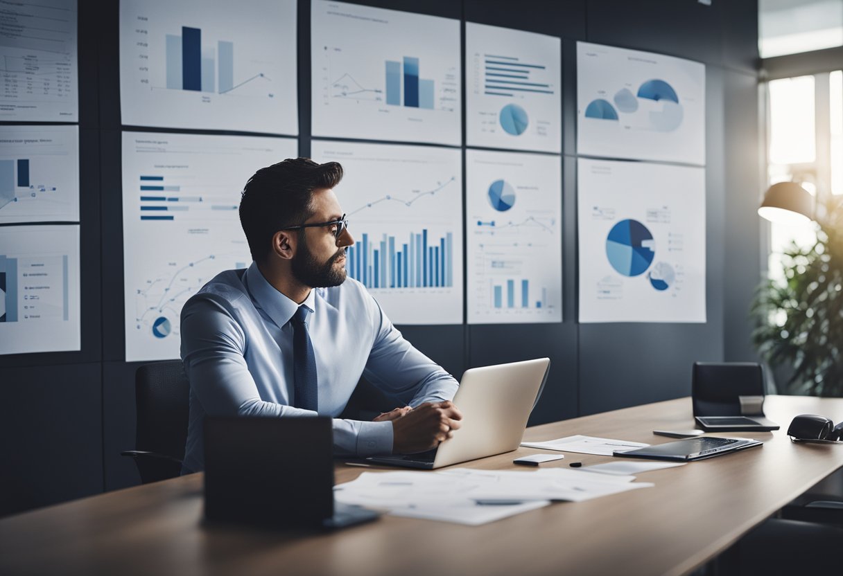 A real estate agent analyzing strengths, weaknesses, opportunities, and threats in a modern office with charts and graphs on the wall