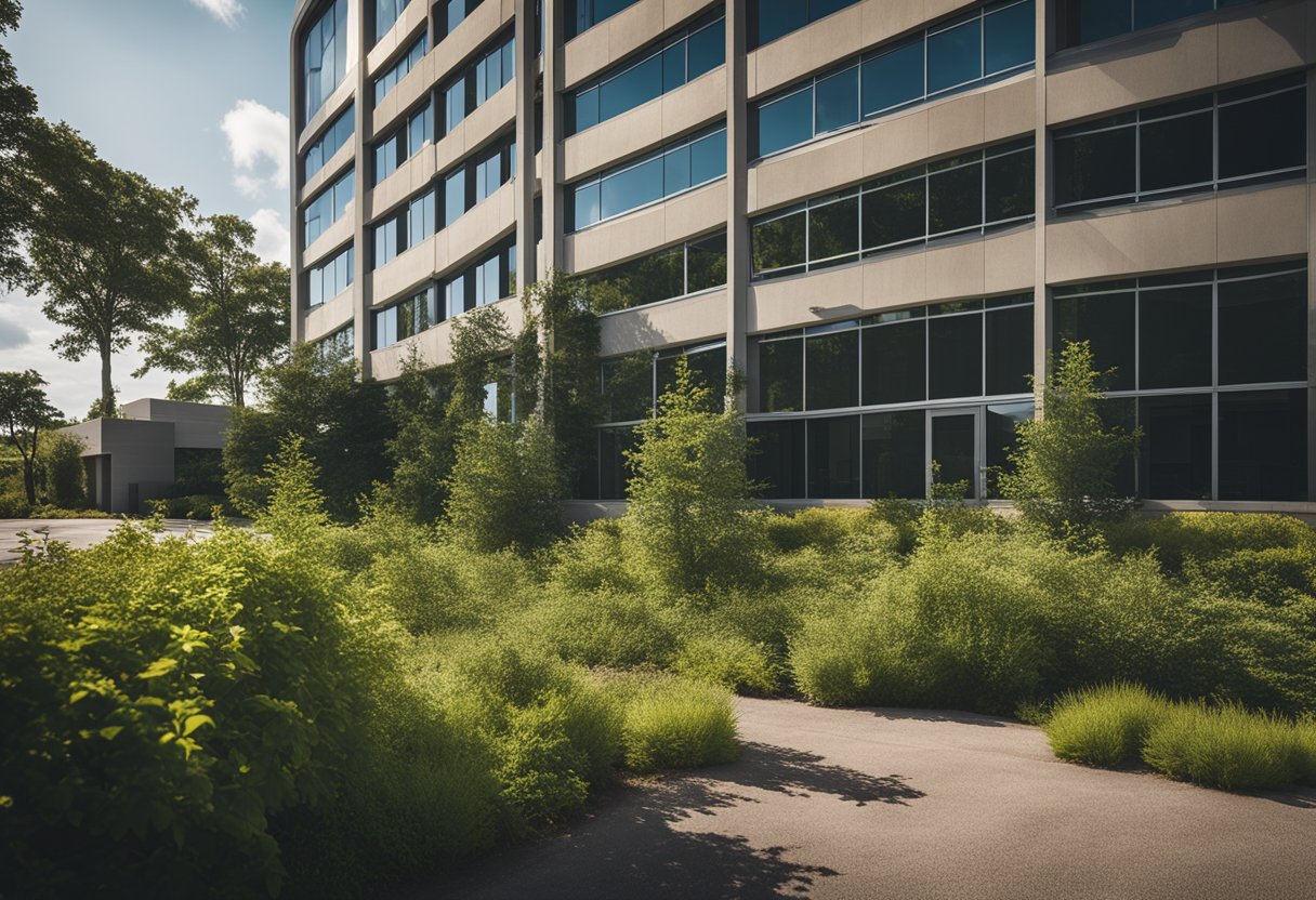 An empty office building with overgrown landscaping and broken windows, indicating potential delinquent commercial mortgage-backed securities opportunities