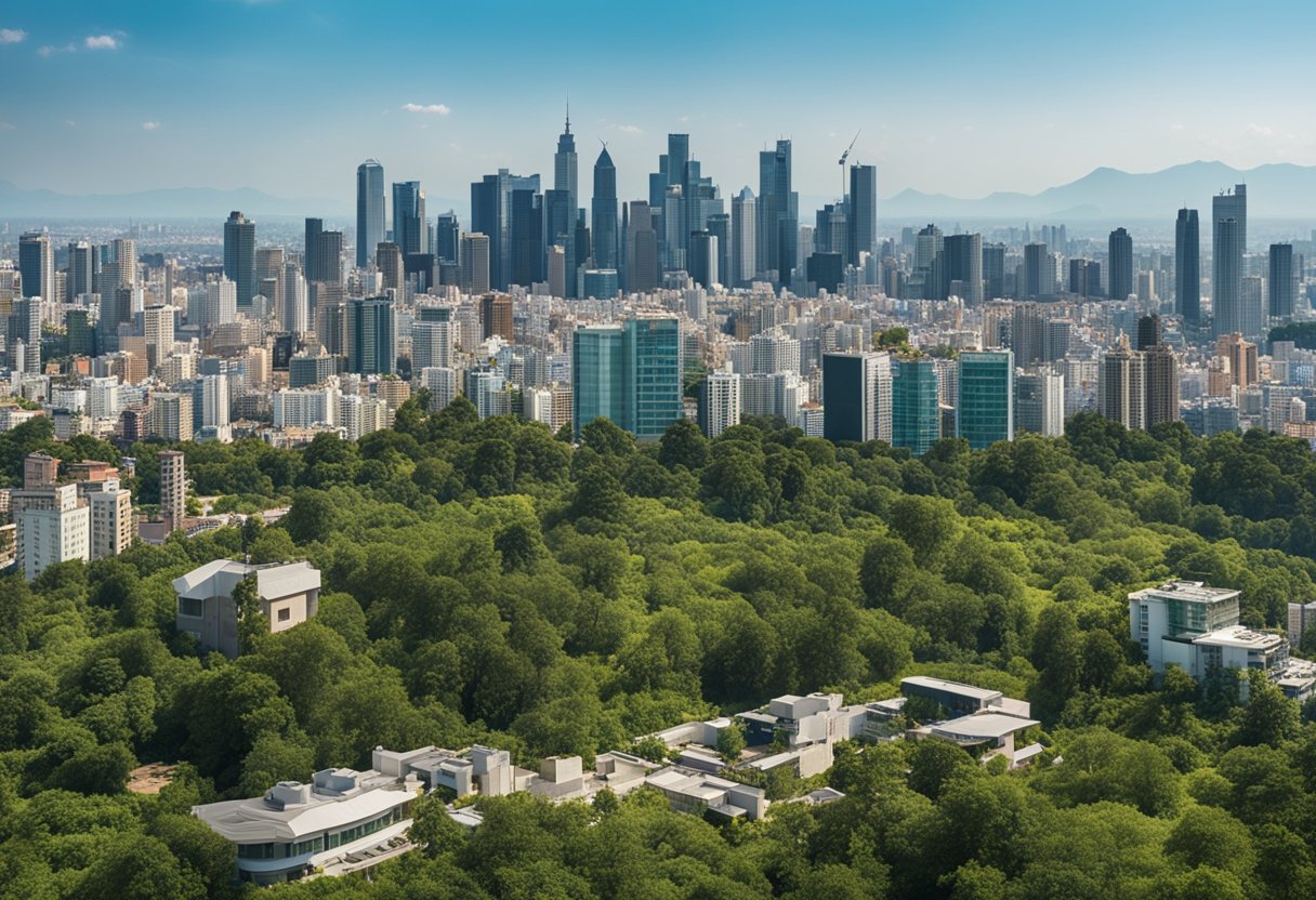 A city skyline with various types of buildings, surrounded by greenery and a clear blue sky